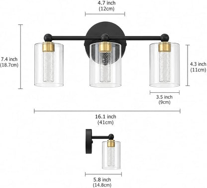 Black and Gold Vanity Light with 3 Color Modes, Eye Protection LED Bathroom Light Fixtures, Dimmable Modern Wall Light Over Mirror with Clear Glass Shade (Black & Gold, 3-Light)