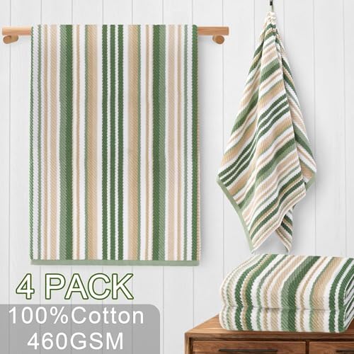 VOOVA & MOVAS Striped Bath Towels 4 Pack, 100% Cotton, 28x52 in, Sage Beige