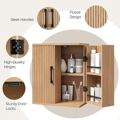 Bathroom Wall Cabinet, Medicine Cabinet Wall Mounted, Over The Toilet Storage Cabinet, Fluted Cabinet with 2 Doors, for Bathroom, Kitchen, Laundry Room, Natural