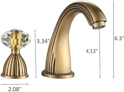 Bathroom Sink Faucet 3 Hole Deck Mounted Widespread Brass Bathroom Faucet Crystal Handle Mixer Tap, Antique Bronze