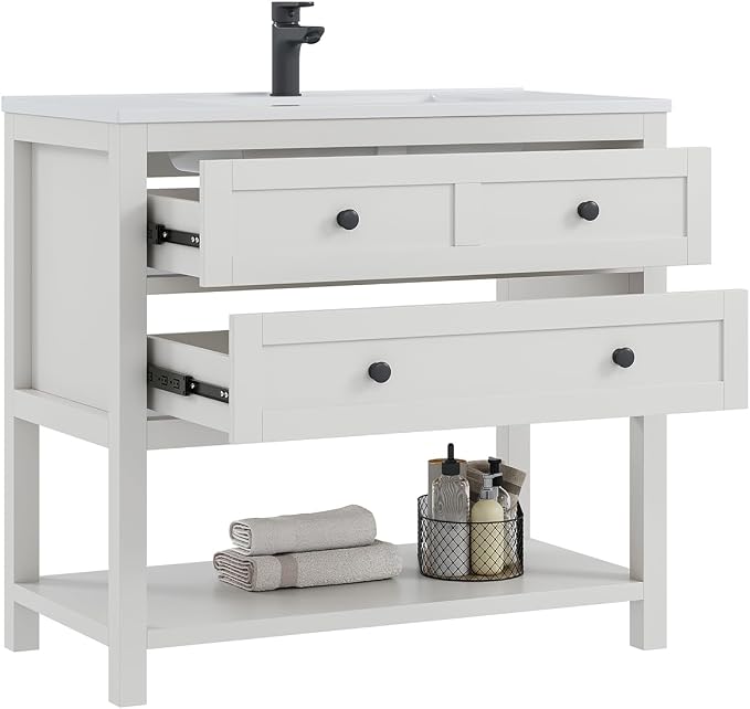 36 Inch Bathroom Vanity with Sink, White | Farmhouse Storage Cabinet with SMC Integrated Sink, Drawers & Open Storage Shelf, Easy Assembly, Adjustable Feet