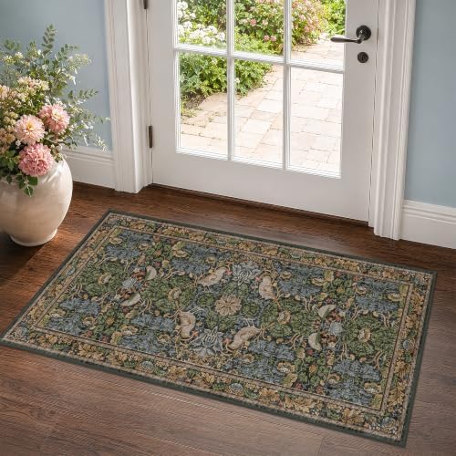 Washable Dark Vintage Floral Rugs for Entryway - Small 2x4 Runner Rug for Kitchen Bathroom Door Mat Indoor Entrance with Bird & Botanical Pattern, Brown Earthy Tones, Non Slip Low Pile