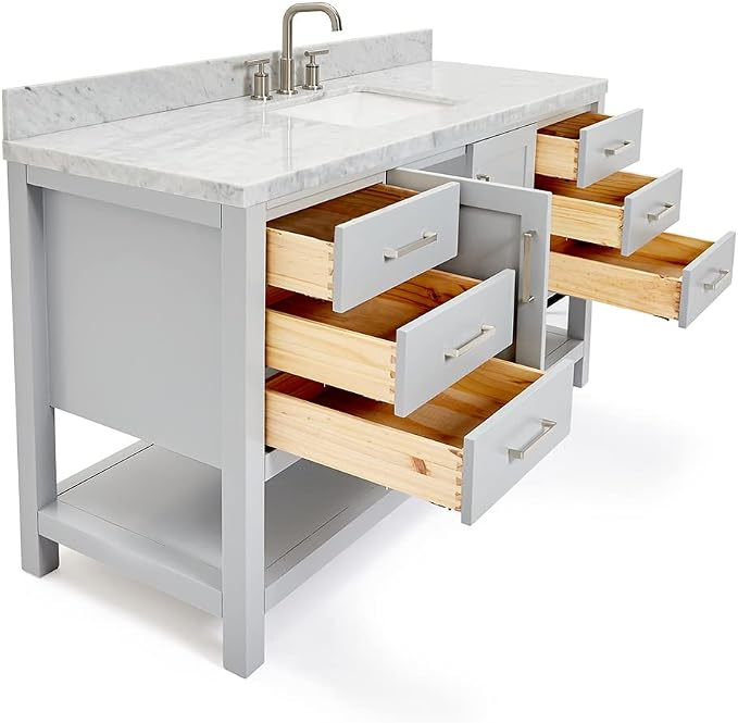 Olivia 60-Inch Grey Bathroom Vanity with Sink, 1.5" Edge Italian Carrara Marble Countertop & Backsplash, Rectangular Undermount Sink, 2 Soft Closing Doors, 6 Dovetail Drawers, Brushed Nickel