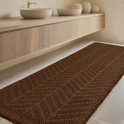 Extra Large Waffle Bath Mat, Boho Woven Modern Bath Rug Absorbent Non Slip, Ultra Soft Bathroom Mats, Machine Washable Knit Bath Rugs with Herringbones for Bathroom, Bedroom,Kitchen,Tub, 5'x2', Brown