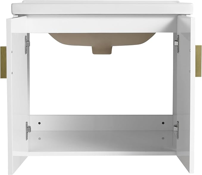 SSLine Modern 24-Inch Bathroom Vanity with Sink Wall Mounted Bathroom Vanity with Top Basin & Storage Cabinet White Wood Floating Vanity w/Ceramic Sink & Gold/Black Handles for Small Space