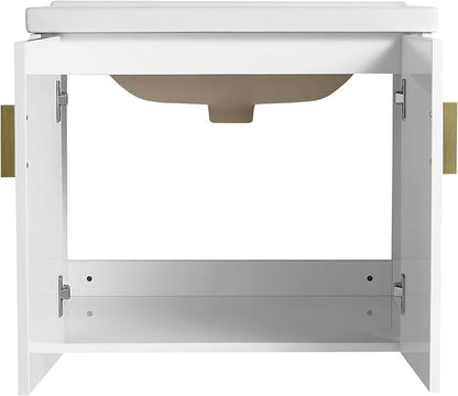 SSLine Modern 24-Inch Bathroom Vanity with Sink Wall Mounted Bathroom Vanity with Top Basin & Storage Cabinet White Wood Floating Vanity w/Ceramic Sink & Gold/Black Handles for Small Space