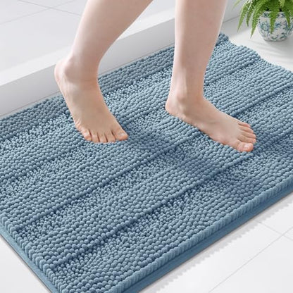 Grandaily Chenille Striped Bathroom Rugs 36x24, Extra Thick and Soft Absorbent Bath Mats, Rubber Backing, Plush Shaggy Shower Carpet, Machine Wash Dry, Bath Rug for Bathroom, Airy Blue
