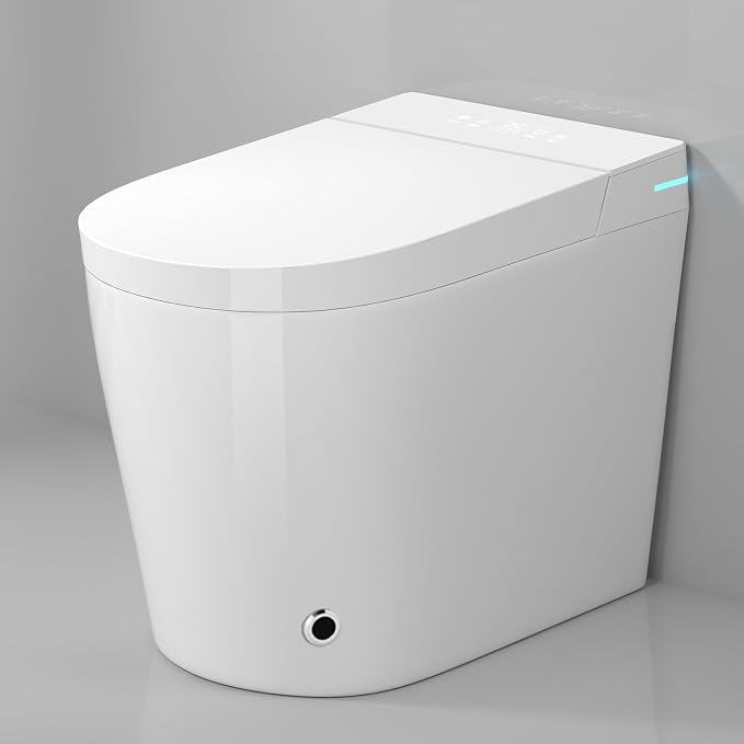WinZo 23" Compact Smart Toilet with Bidet Seat Built-in For Small Bathroom, Auto Flush, LED Night Light,Heated Bidet with Warm Air Drying (White with Black Panel) (12'' Rough-in White)