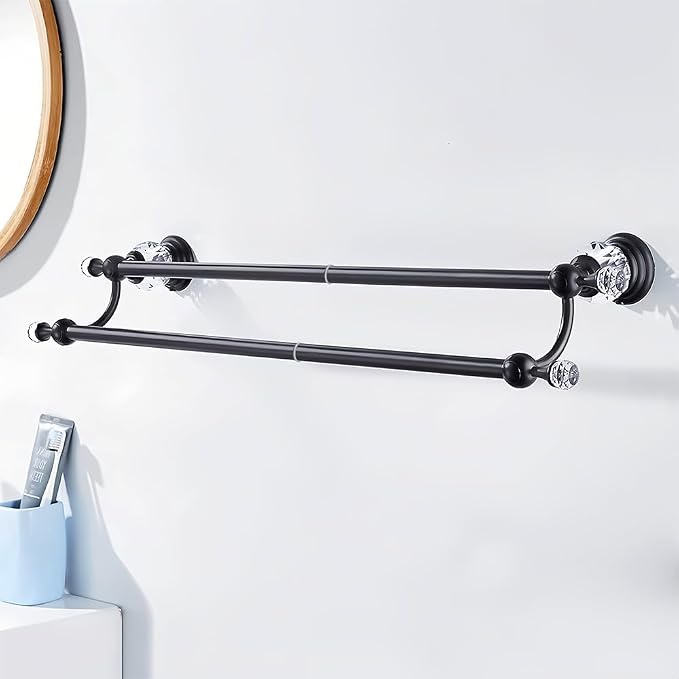 Crystal Black Towel Holder Double Adjustable Towel Bar 13 to 25 Inch, Towel Rack Rail for Bathroom Wall Mounted