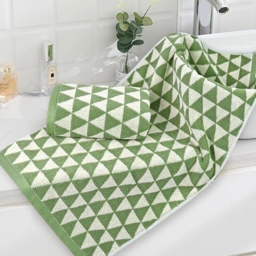Green Hand Towels for Kitchen & Bathroom (Geometric Triangle), 2 Pack