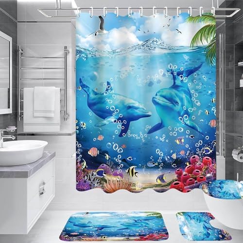 Yddsky Ocean Dolphin Bathroom Shower Curtain Sets for Bathtub,72x72 Inch