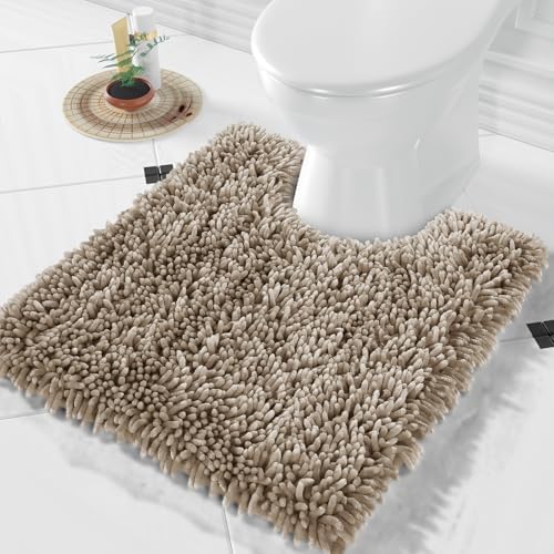 Yimobra Toilet Rugs U Shaped Washable, Extra Thick Soft Absorbent Chenille Contour Bathroom Rugs for Toilet 24x20 Inch, Quick Dry Non Slip Toilet Mat for Bath Floor, Camel