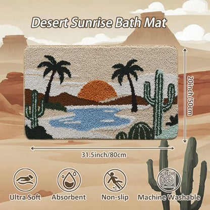 Bathroom Rug Mat, Desert Oasis Sunset Fluffy Rug with Cactus & Palm Tree, Ultra Absorbent Microfiber Shaggy Door Mat, Quick Dry Bath Rug Carpet for Toilet Bathtub Bedroom 20x31 Inch (Brown)