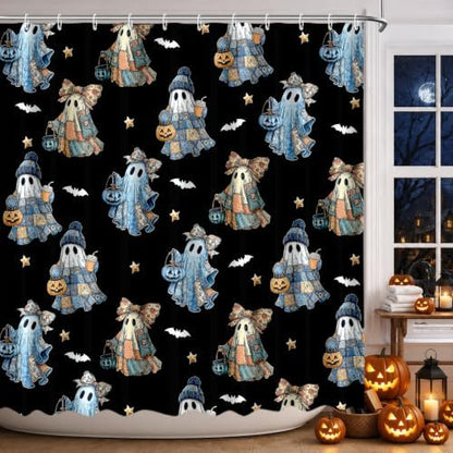 MEHOFOND Halloween Blue Black Patchwork Ghost Shower Curtain Bath Curtain