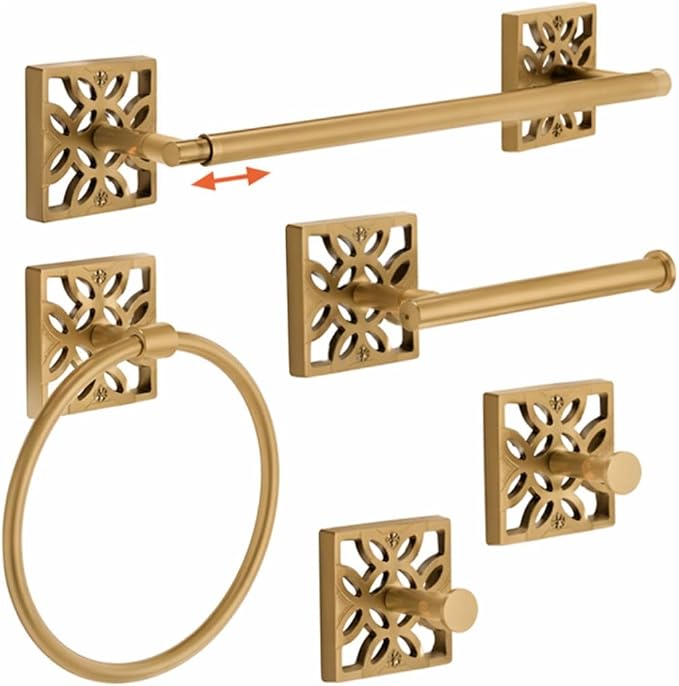Autumn Alley 5-Piece Bathroom Hardware Set – Antique Gold (Muted, Brushed Finish – Not Shiny), Wall Mounted Towel Bar, Towel Ring, Toilet Paper Holder & Robe Hooks, Bathroom Accessories Set Complete