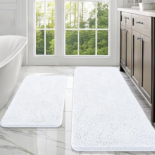 OLANLY Chenille Bathroom Rugs Mats Sets 2 Piece, 47"x20"+30"x20", White
