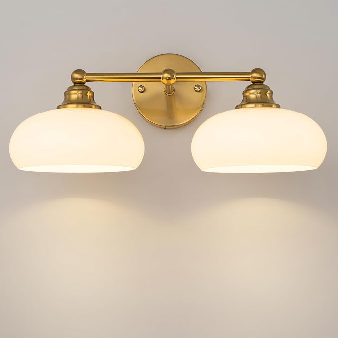 Bathroom Light Fixtures Over Mirror Vintage Gold Vanity Lighting Fixtures | Double Arm Vanity Lighting Fixtures 2 Light Antique Wall Light Fixture with Glossy Milk White Glass Shade for Bathroom