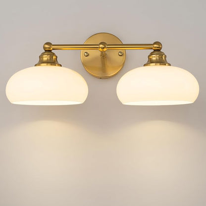 Bathroom Light Fixtures Over Mirror Vintage Gold Vanity Lighting Fixtures | Double Arm Vanity Lighting Fixtures 2 Light Antique Wall Light Fixture with Glossy Milk White Glass Shade for Bathroom