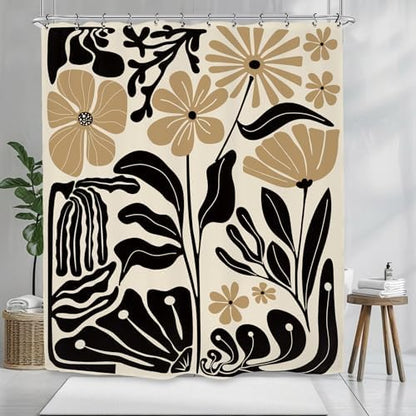Black Tan Matisse Flower Shower Curtain 60Wx72L Inch Minimalist Abstract Vintage Botanical Blossom Modern Neutral Wildflower Art Bathroom Set Accessories Decor with 12 Pack Hooks