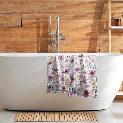 Purple Wildflowers Hand Towels 14x28 Inch 2Pcs Summer Spring Botanical Floral Butterfly Soft Fingertip Tea Towel Absorbent Dish Cloth for Bathroom Kitchen Hotel Spa Home Decor
