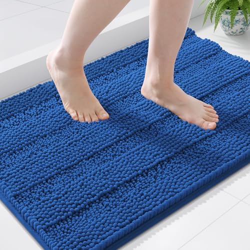 Grandaily Chenille Striped Bathroom Rugs 44x24, Extra Thick and Soft Absorbent Bath Mats, Rubber Backing, Plush Shaggy Shower Carpet, Machine Wash Dry, Bath Rug for Bathroom, Deep Navy Blue
