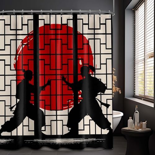 Anime Shower Curtain Japanese Black and Red Asian Cool Shower Curtains for Mans Bathroom Decor Sets, Waterproof Cloth Fabric with Hooks, 70x72 Inch