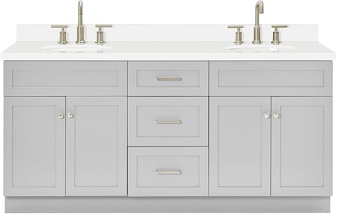 ARIEL Hamlet 72-inch Bathroom Vanity with Sink,Solid Wood, 1.5-inch Pure White Quartz Countertop & Backsplash, Double Oval Porcelain Sink, 4 Soft Closing Doors, 3 Dovetail Drawers, Grey