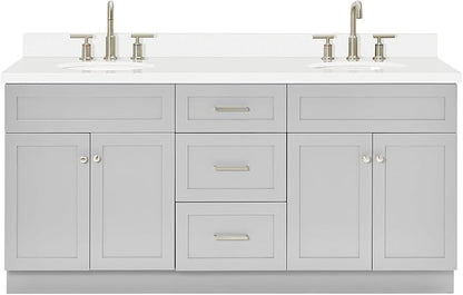 ARIEL Hamlet 72-inch Bathroom Vanity with Sink,Solid Wood, 1.5-inch Pure White Quartz Countertop & Backsplash, Double Oval Porcelain Sink, 4 Soft Closing Doors, 3 Dovetail Drawers, Grey