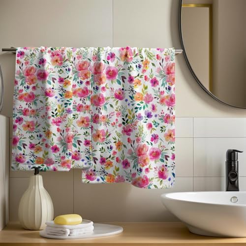 Spring Summer Floral Hand Towels Set of 2, Multicolor Flower Decorative Bathroom Towel 28x14 Inch, Soft Absorbent Microfiber Wash Cloth for Kitchen Gym Hotel Home Decor