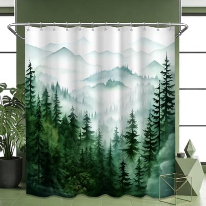 Dark Green and White Forest Shower Curtain, 72x72 in, Nature Pine Tree