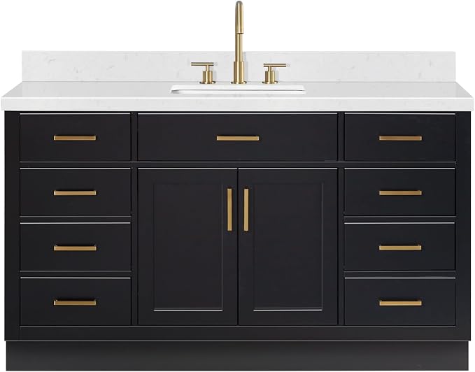 ARIEL Hepburn 60-inch Bathroom Vanity with Sink,Solid Wood, 1.5-inch Carrara White Quartz Countertop & Backsplash, Single Rectangular Porcelain Sink, 2 Soft Closing Doors, 9 Dovetail Drawers, Black