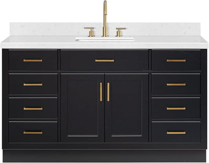 ARIEL Hepburn 60-inch Bathroom Vanity with Sink,Solid Wood, 1.5-inch Carrara White Quartz Countertop & Backsplash, Single Rectangular Porcelain Sink, 2 Soft Closing Doors, 9 Dovetail Drawers, Black