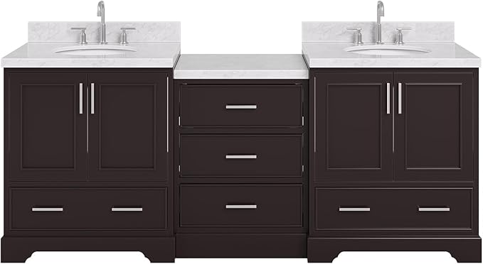 ARIEL Stafford 84-inch Bathroom Vanity with Sink,Solid Wood, 1.5in Italian Carrara Marble Countertop & Backsplash, Double Oval Porcelain Sink, 4 Soft Closing Doors, 5 Dovetail Drawers, Espresso