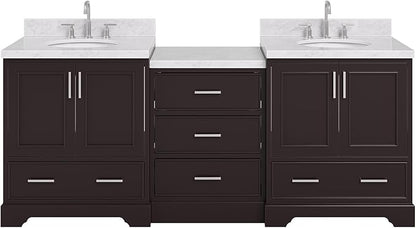 ARIEL Stafford 84-inch Bathroom Vanity with Sink,Solid Wood, 1.5in Italian Carrara Marble Countertop & Backsplash, Double Oval Porcelain Sink, 4 Soft Closing Doors, 5 Dovetail Drawers, Espresso