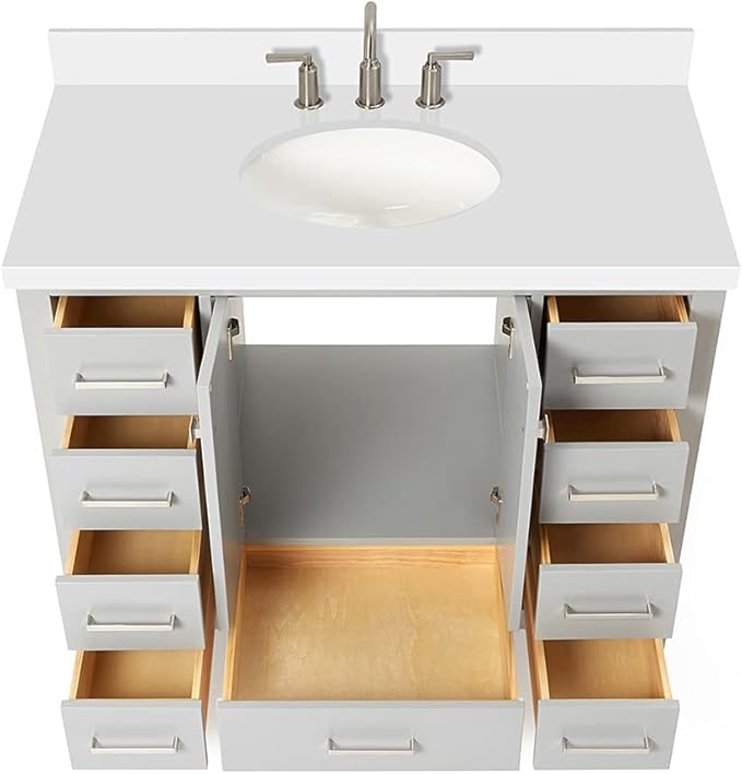 ARIEL Cambridge 42-inch Bathroom Vanity with Sink,Solid Wood, 1.5-inch Pure White Quartz Countertop & Backsplash, Single Oval Porcelain Sink, 2 Soft Closing Doors, 9 Dovetail Drawers, Grey