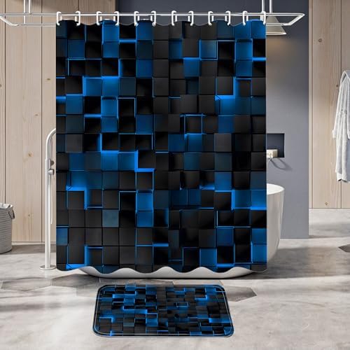 LQCOOL 4Pcs Shower Curtain Set with Rugs, Modern Bathroom Set Black Blue