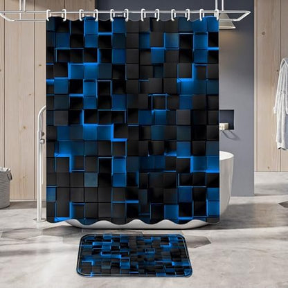 LQCOOL 4Pcs Shower Curtain Set with Rugs, Modern Bathroom Set Black Blue