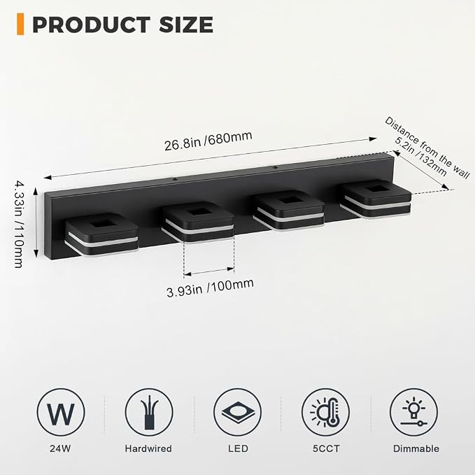 Matte Black Bathroom Vanity Light, 4-Light Modern Wall Sconce with 5CCT Dimmable LED, Farmhouse Light Fixture Over Mirror for Bathroom, Black and Gold Vanity Lights