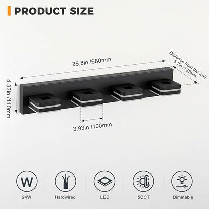Matte Black Bathroom Vanity Light, 4-Light Modern Wall Sconce with 5CCT Dimmable LED, Farmhouse Light Fixture Over Mirror for Bathroom, Black and Gold Vanity Lights