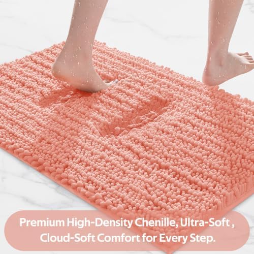 ACCUMTEK Upgrade Extra Large Coral Bathroom Rug Set 3 Pieces Ultra Soft, Thick Absorbent Bath Mats, Non Slip Chenille Toilet Mat for Bathroom, Bedroom, Kitchen