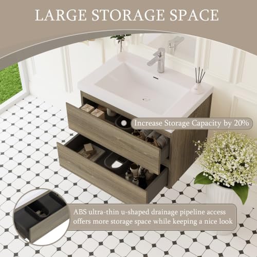 KEIKI 30'' Wall-Mounted Bathroom Vanity with Sink - Floating Design, 2 Soft-Close Drawers & Resin Basin, Space-Saving for Small Bathrooms, Ash Grey