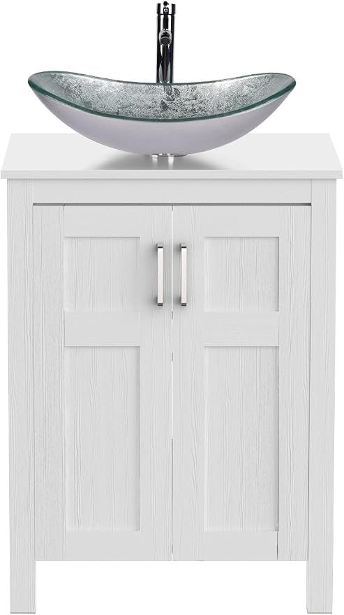 YOURLITE 24" Bathroom Vanity with Sink, White Bathroom Vanity and Sink Combo with Faucet & Pop Up Drain Set,Traditional Vanity with Blue Glass Boat Bathroom Sink