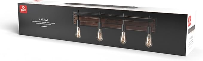 Globe Electric 52058 4-Light Vanity Light with Faux Wood Finish and Matte Black Accents, Ideal for Bathroom, Living Room, and for Makeup Over Mirror Lighting