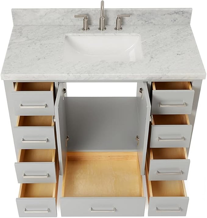ARIEL Cambridge 42-inch Bathroom Vanity with Sink,Solid Wood, 1.5-inch Italian Carrara Marble Countertop, Single Rectangular Porcelain Sink, 2 Soft Closing Doors, 9 Dovetail Drawers, Grey