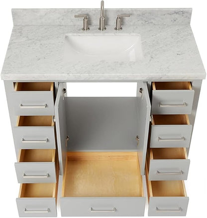 ARIEL Cambridge 42-inch Bathroom Vanity with Sink,Solid Wood, 1.5-inch Italian Carrara Marble Countertop, Single Rectangular Porcelain Sink, 2 Soft Closing Doors, 9 Dovetail Drawers, Grey