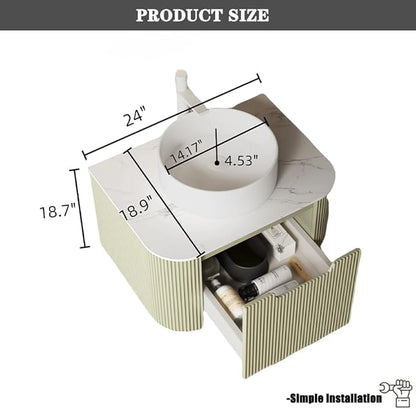 24'' Bathroom Vanities Cabinet with Sink Combo, Wall Mounted Floating Cabinet W/Curved Edges Stripes, Oak Plywood, Soft-close System with a Drawer, White Round Ceramic Basin - Kiel, Light Green