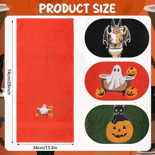 FuWeave 3 Pcs Orange Green Halloween Ghost Hand Towels for Bathroom