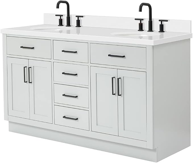 ARIEL Hepburn 60-inch Bathroom Vanity with Sink,Solid Wood, 1.5-inch Pure White Quartz Countertop & Backsplash, Double Oval Porcelain Sink, 4 Soft Closing Doors, 6 Dovetail Drawers, Grey