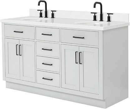 ARIEL Hepburn 60-inch Bathroom Vanity with Sink,Solid Wood, 1.5-inch Pure White Quartz Countertop & Backsplash, Double Oval Porcelain Sink, 4 Soft Closing Doors, 6 Dovetail Drawers, Grey