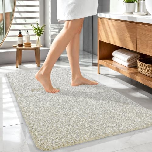 OLANLY Microfiber Bathroom Rugs 44x32, Quick Dry Bath Mat, Sand and White